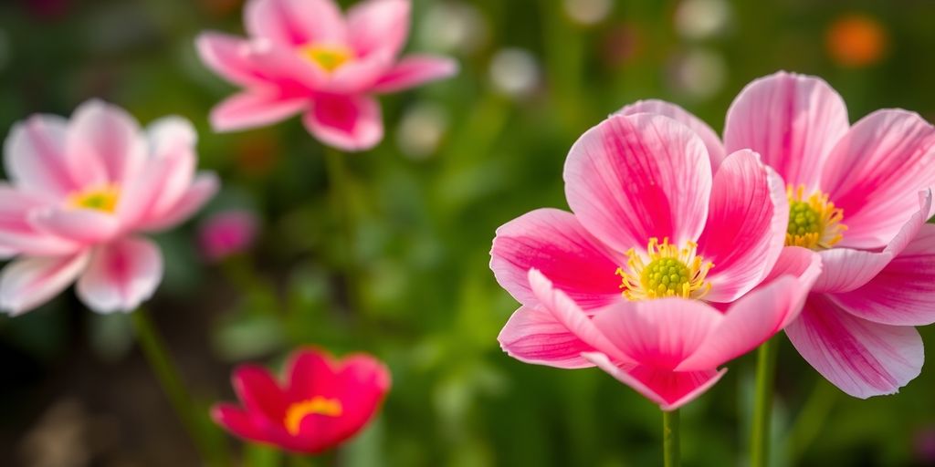 Blühende Herbst-Anemonen in leuchtendem Pink und Weiß.