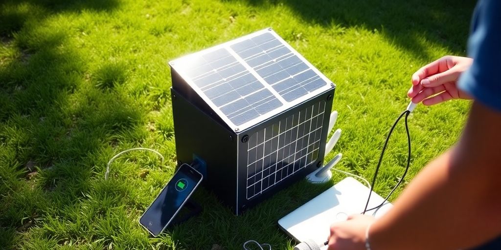 Station solaire portable chargeant divers appareils sur une pelouse