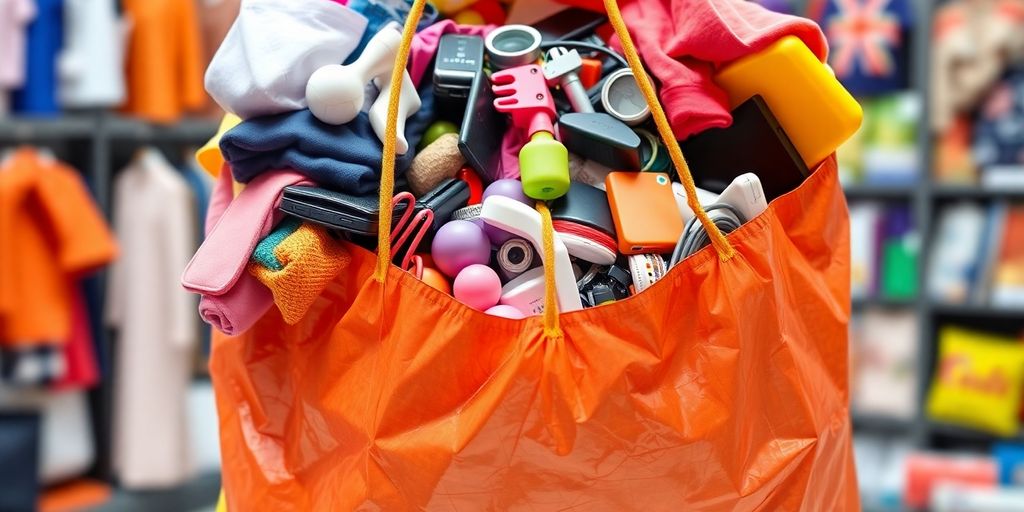 Shopping bags overflowing with diverse products.