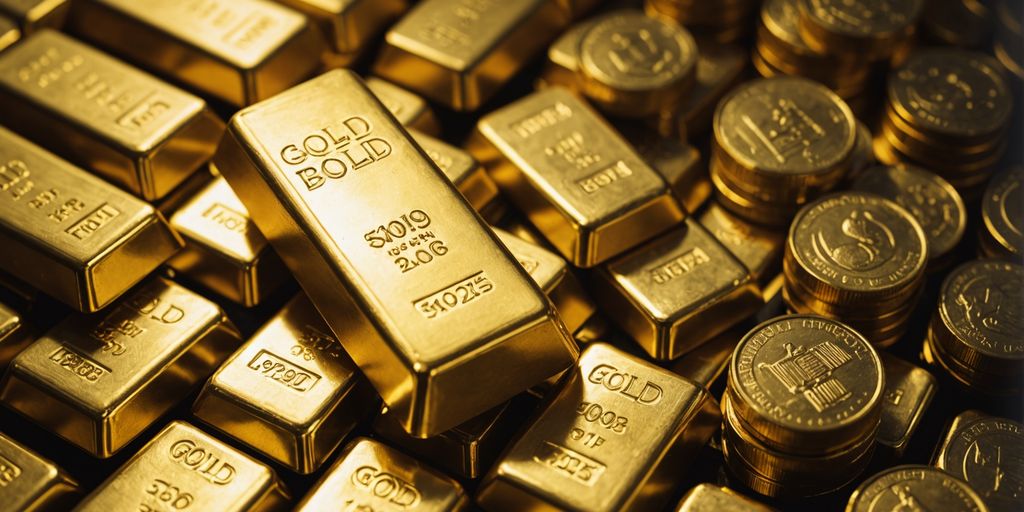 Gold bars and coins stacked together