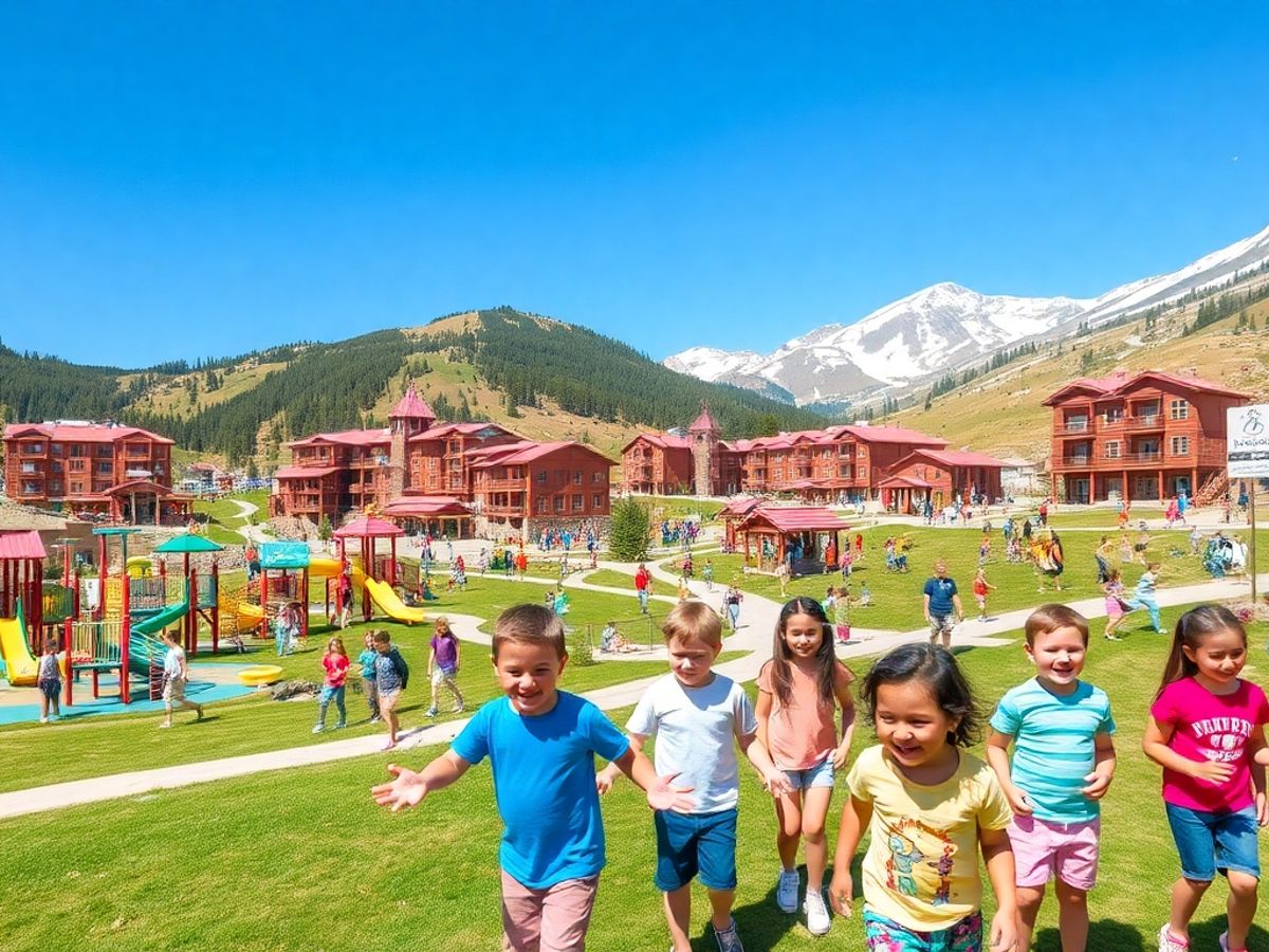 Stațiune montană plină de copii jucându-se în natură.