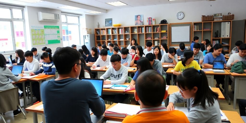 Diverse students engaged in a lively classroom environment.
