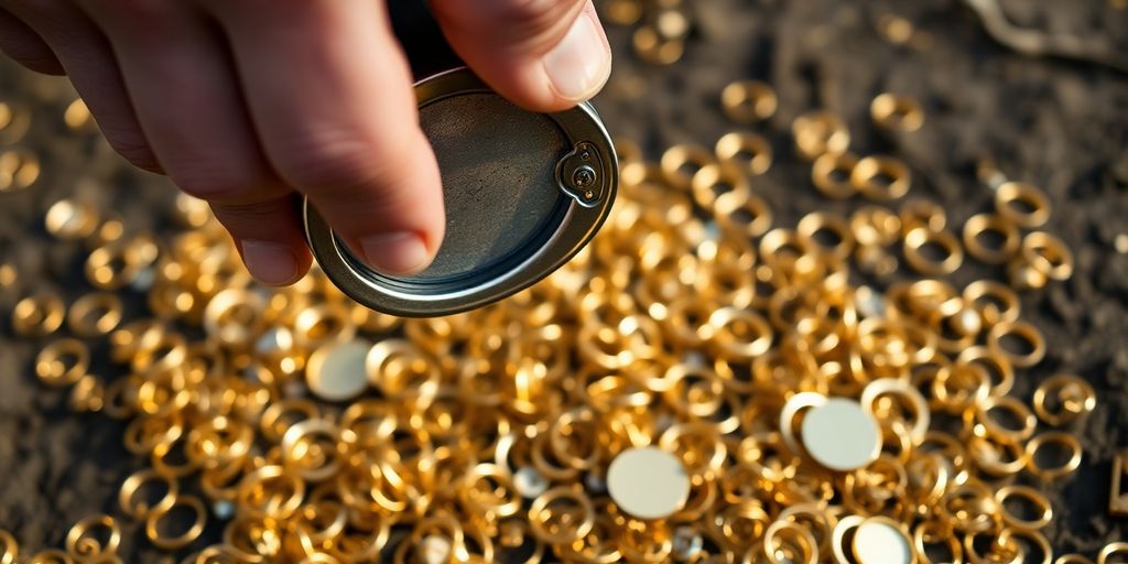 Main dorée tenant un détecteur de métaux sur un tas de bijoux.
