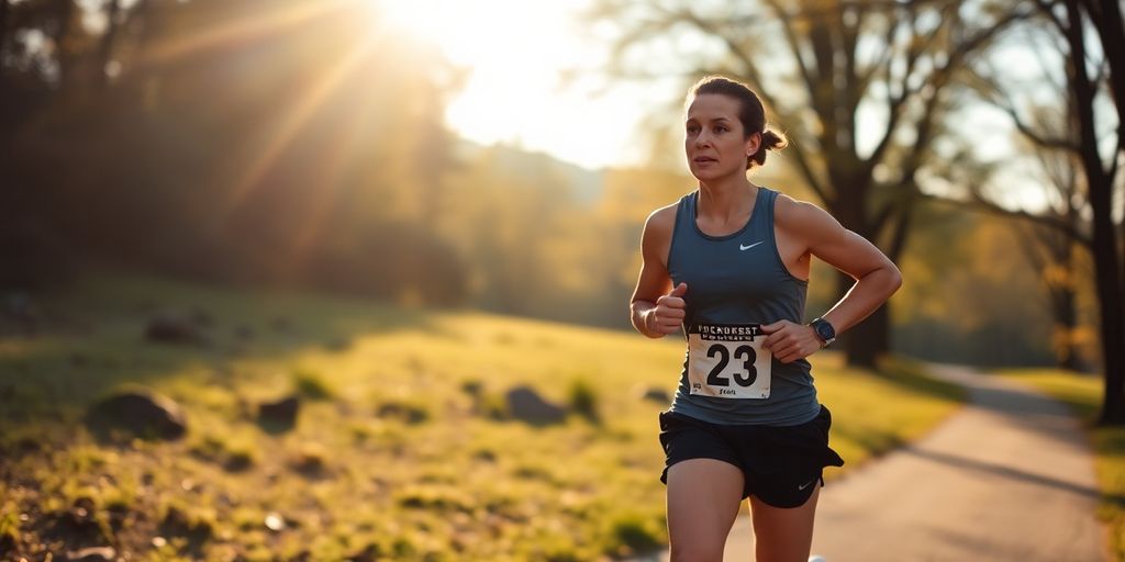 Runner training for half marathon in scenic outdoor setting.