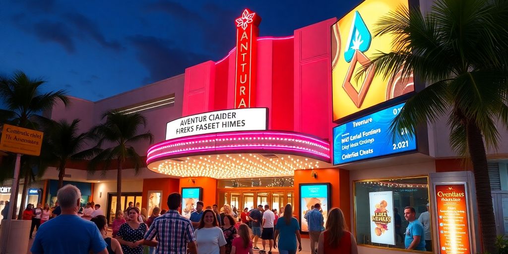 Vibrant Aventura movie theater scene at night.