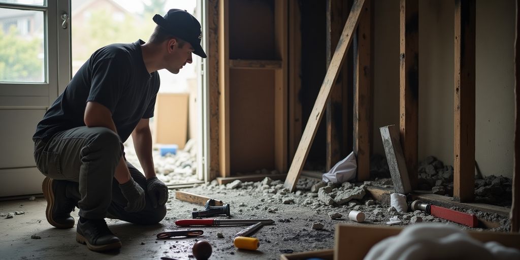 Contractor assessing fire damage in a home.