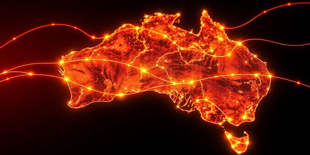Australian landscape with glowing digital speed lines.