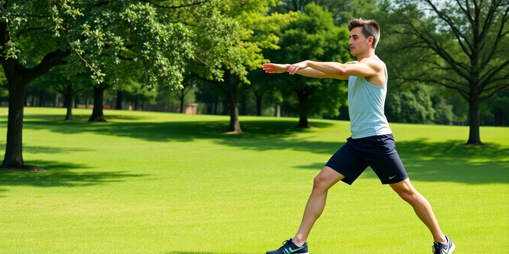 Beginner runner doing dynamic stretches in a park.
