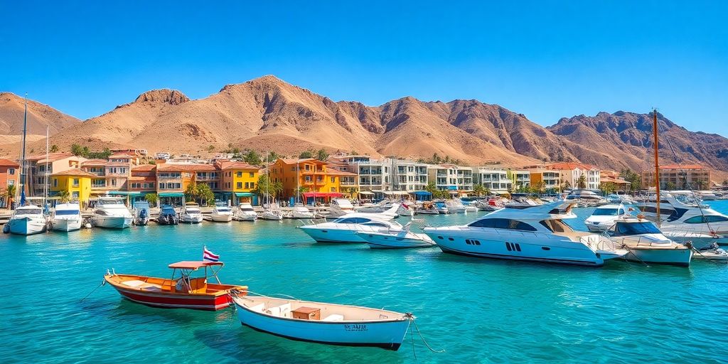 Boats in marina with downtown buildings and mountains.