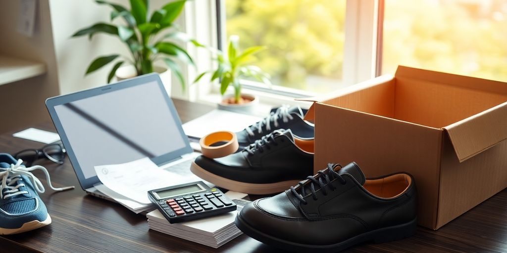 Shoes beside laptop, shipping box, calculator, receipts, and potted plant