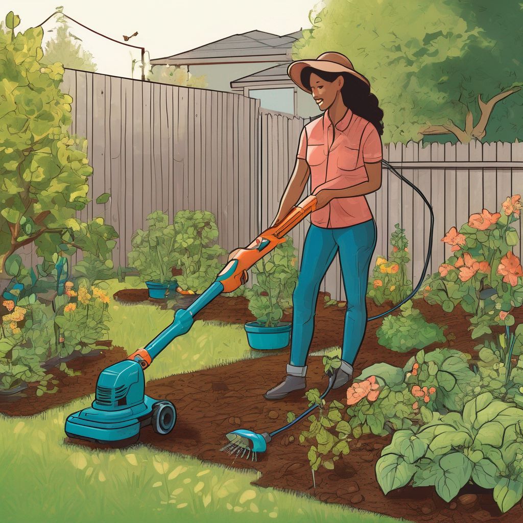 person using electric gardening tools in a backyard garden