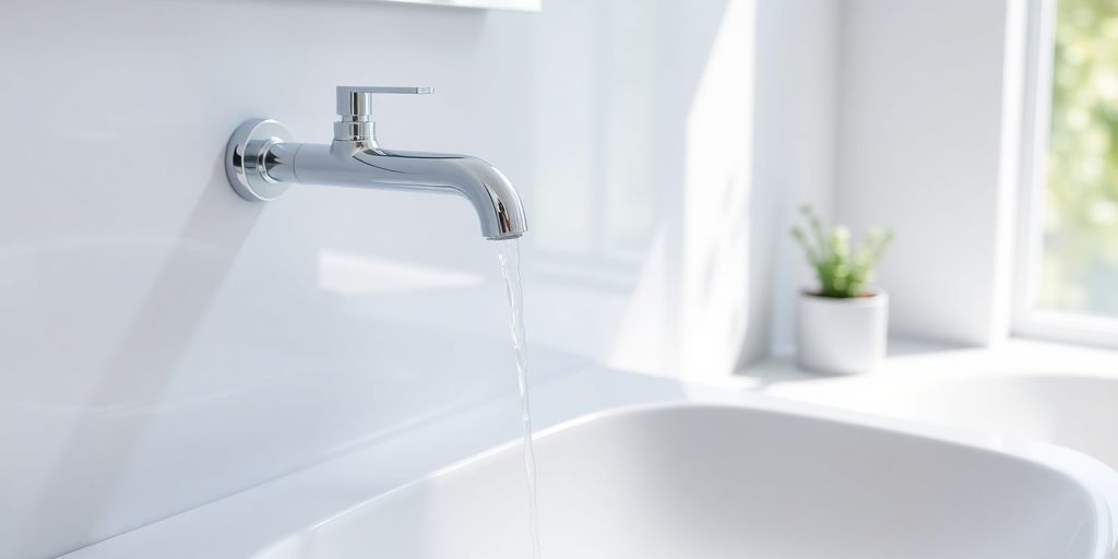 Modern bathroom with sleek wall-mounted chrome faucet and white basin.