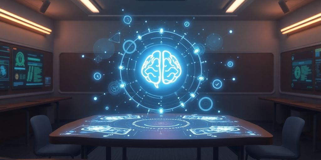 AI brain hologram in a futuristic classroom