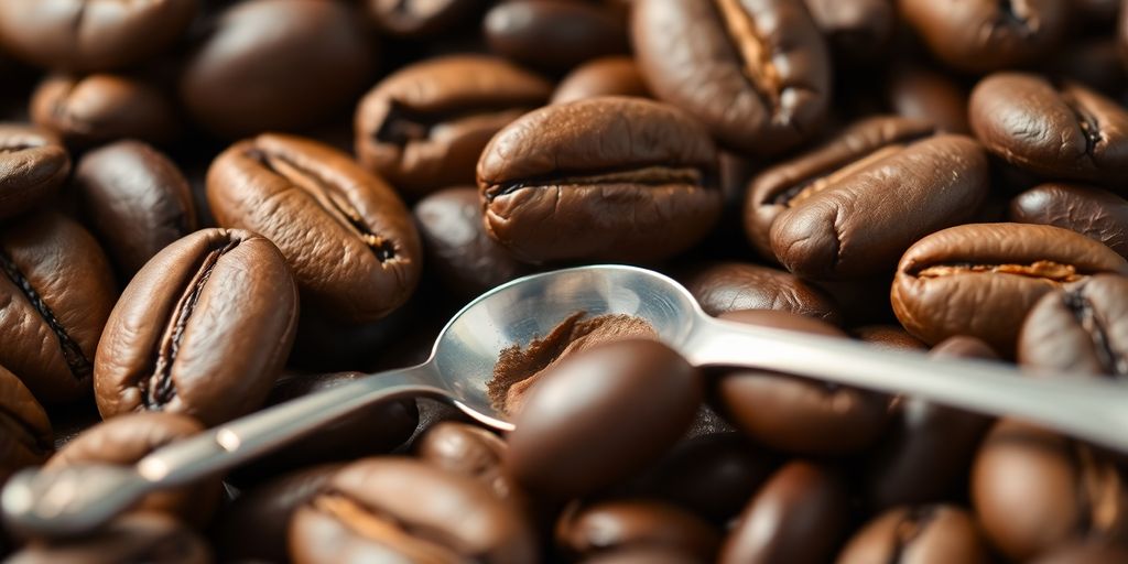 Close-up of roasted coffee beans and a cupping spoon.