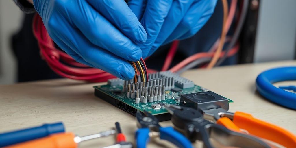 Electrical maintenance technician working on a circuit board.