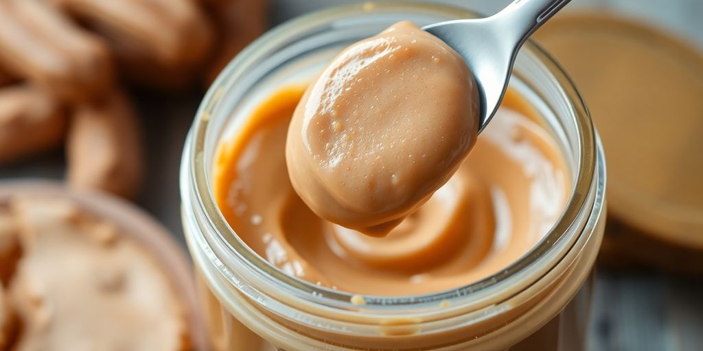 Creamy peanut butter in a jar with spreading knife.