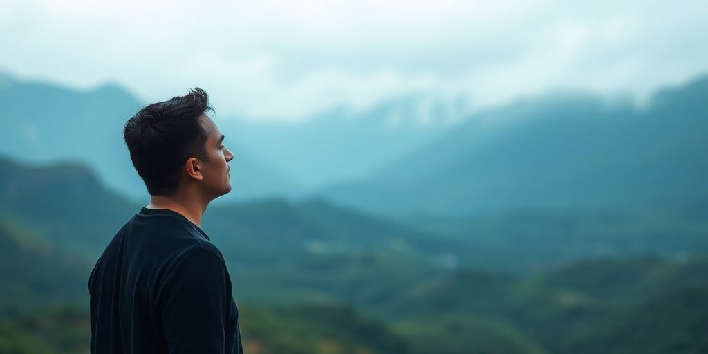 Personne réfléchissant paisiblement face à un paysage changeant.