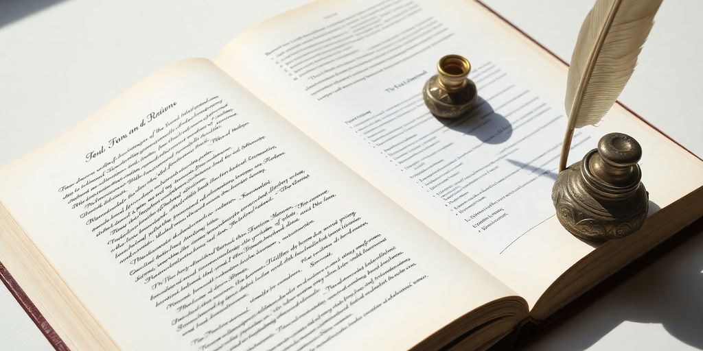 Open book, resume, ink, quill.