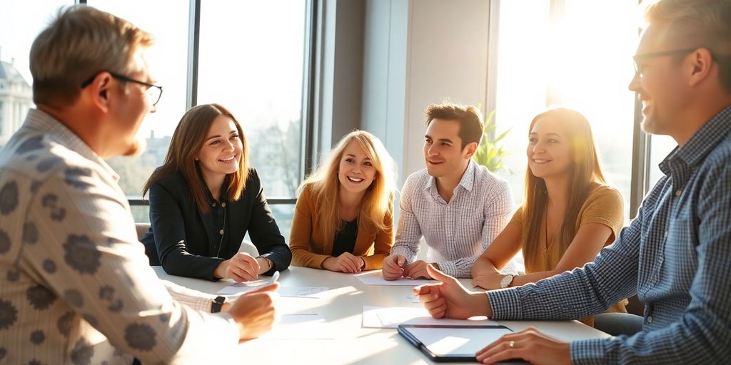 Team collaborating in a bright, contemporary office.