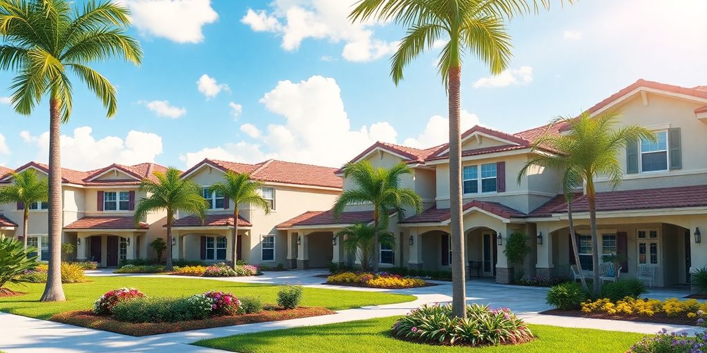 Vibrant Broward townhomes with palm trees and blue skies.