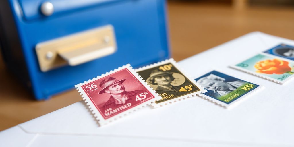 Stamps, envelopes, and a mailbox.