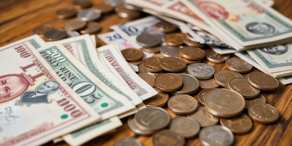 Billets et pièces de monnaie sur une table en bois.