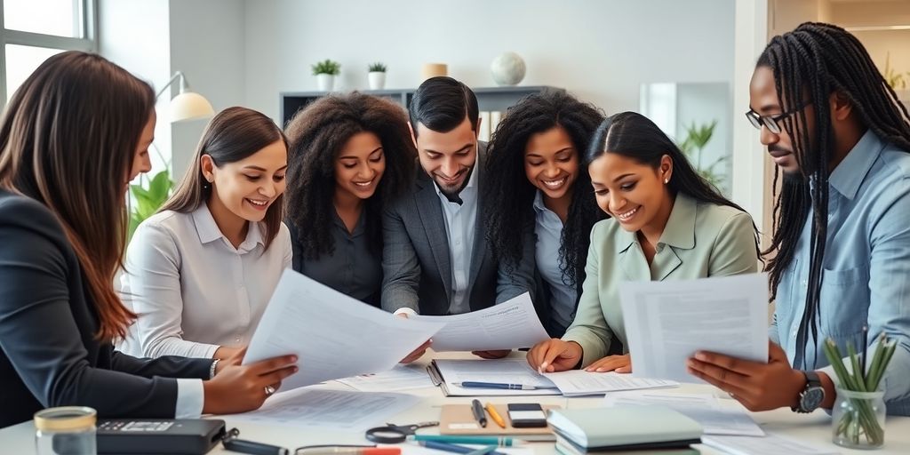 Team collaborating in a modern financial workspace.