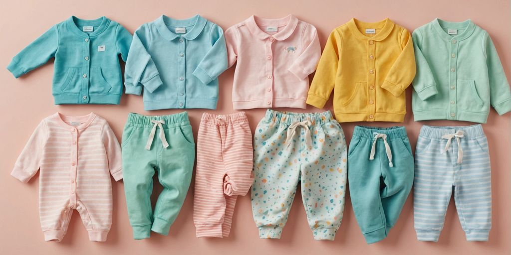 Assorted baby clothes in various sizes and colors.