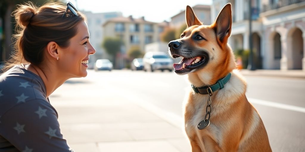 Well-behaved dog sits attentively next to a trainer.