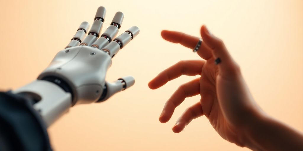A human hand reaching towards a robotic hand.