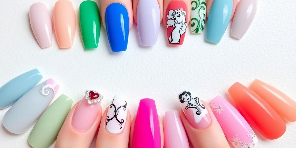 Conjunto de unhas de gel coloridas e bem feitas.