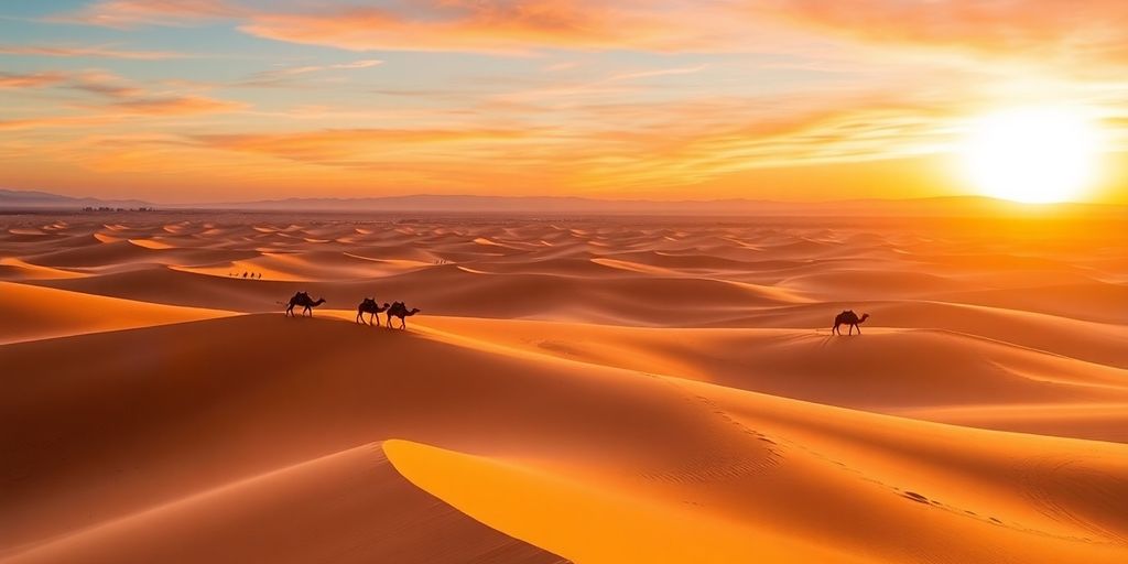 Marrakech desert with camels and golden sand dunes.