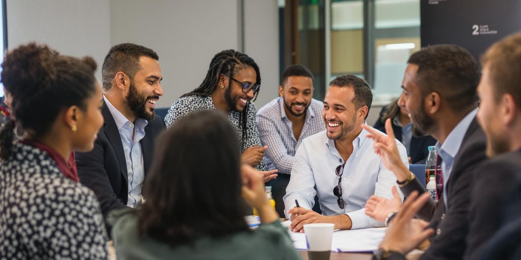 Diverse professionals collaborating in an engaging meeting environment.