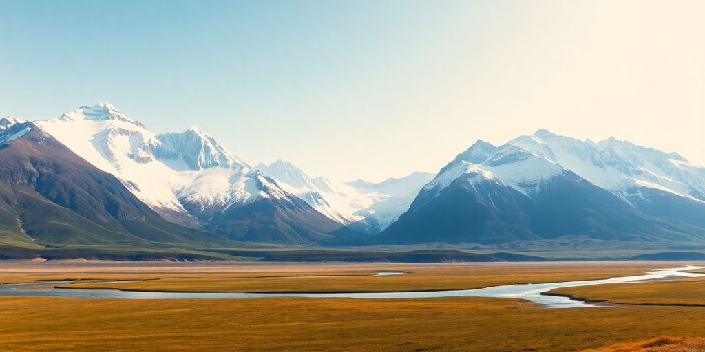 A vast Alaskan valley with snow-capped mountains and a river.
