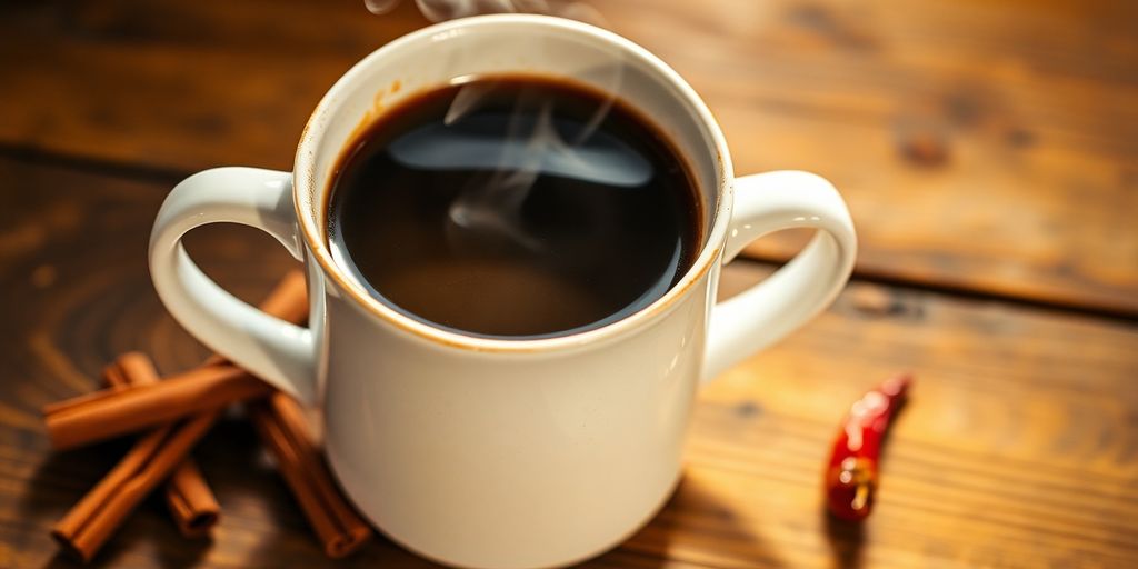 Mexican coffee mug with steam, cinnamon sticks, chili.
