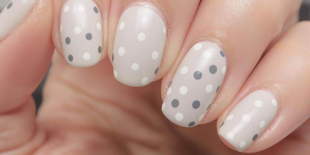 Unhas cinza claro com poá criativo e elegante.