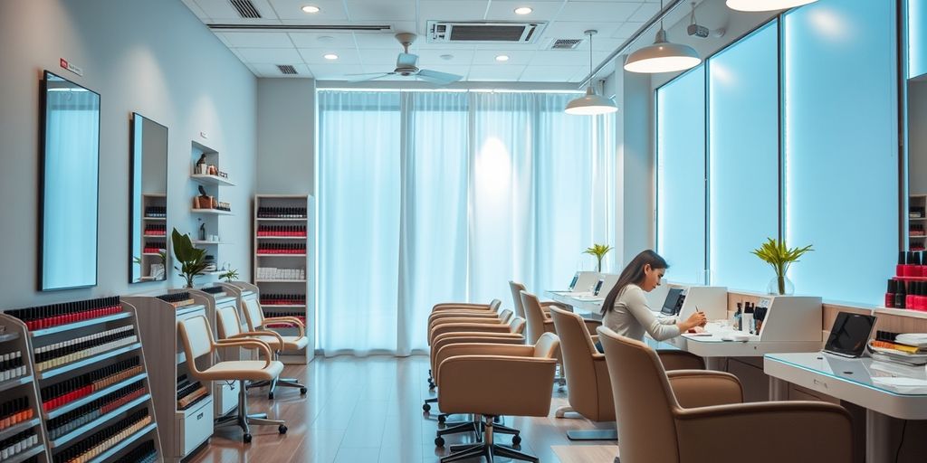 Modern nail salon with technician and client