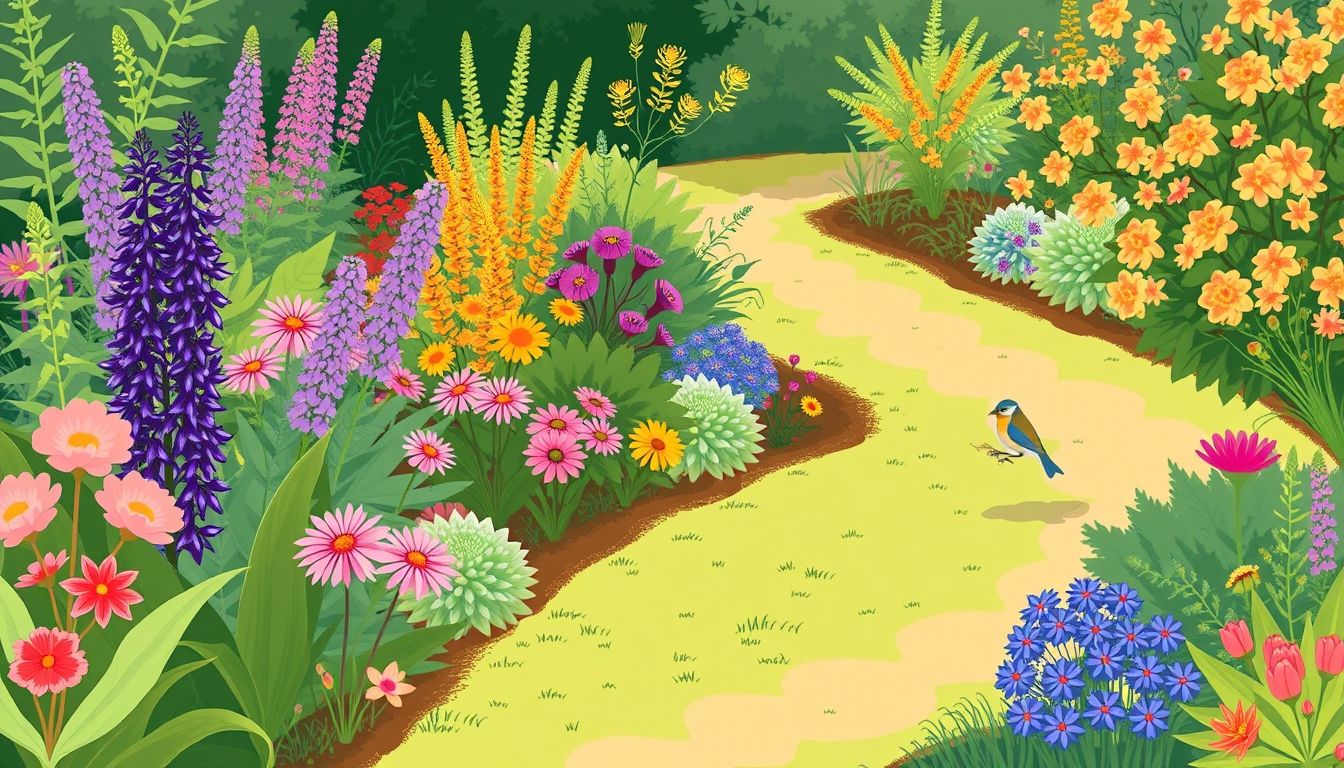Illustrative garden with native plants and a bird.