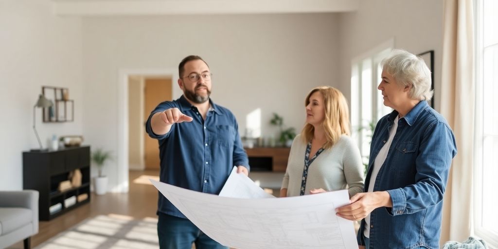Contractor discussing home renovation plans with homeowner.