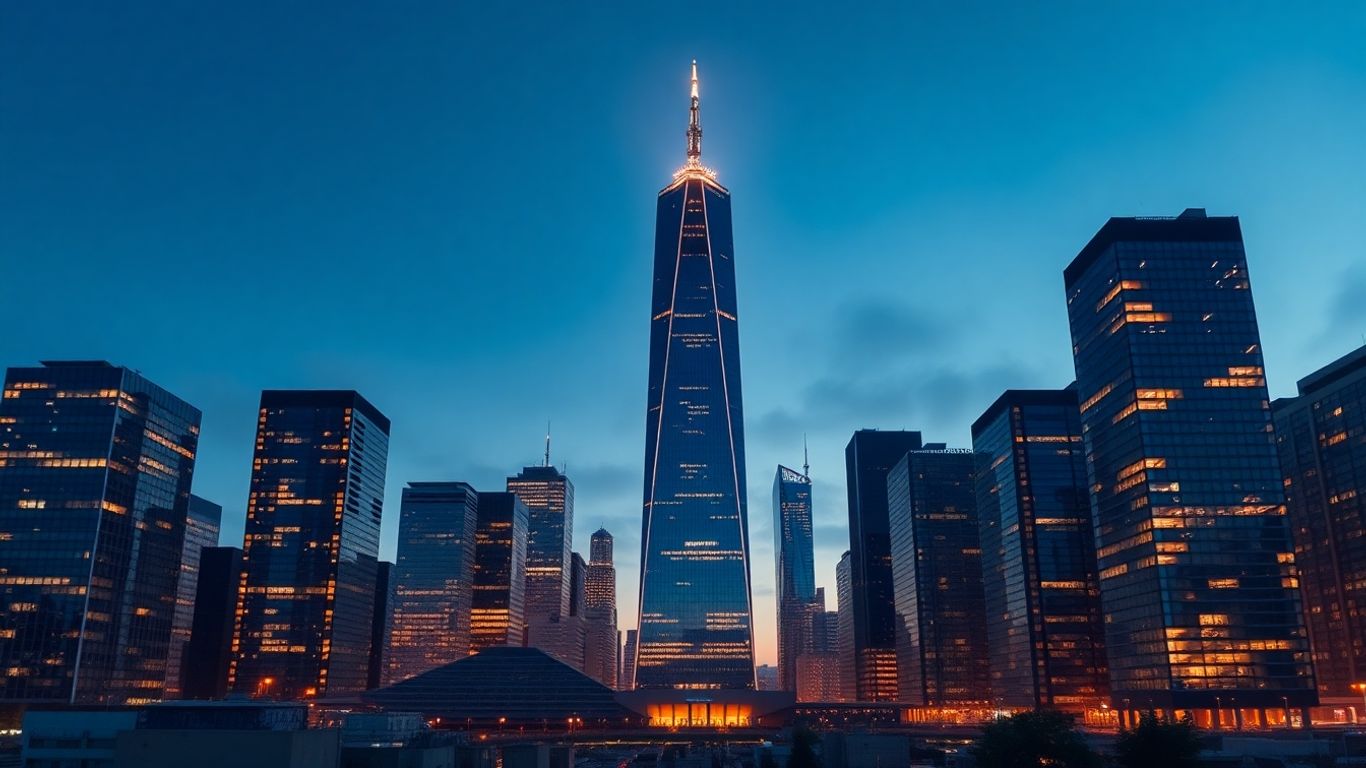 Skyscraper leading a city skyline at dawn.