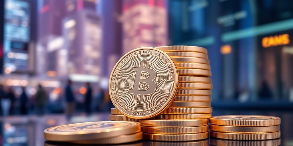 Close-up of digital coins on a modern background.