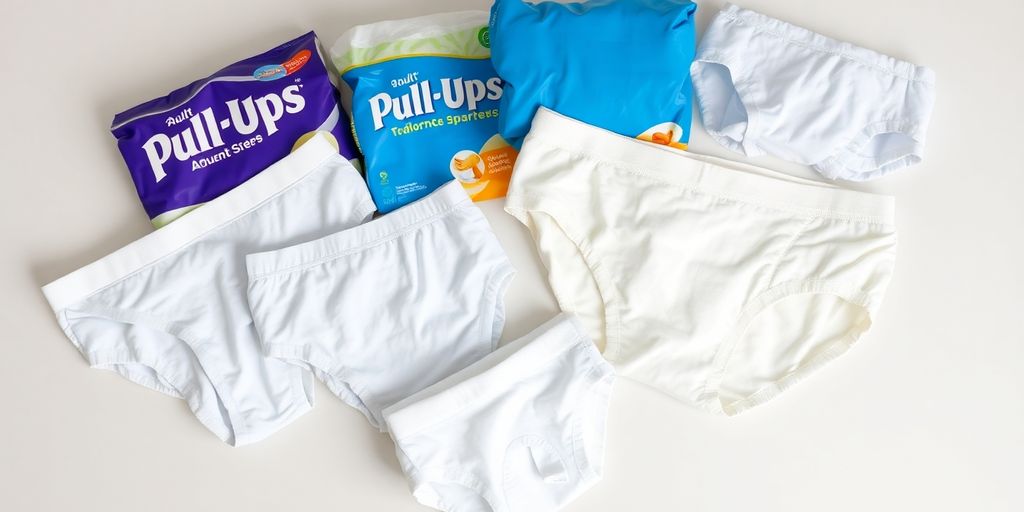 Assorted adult diapers on a clean, bright surface.