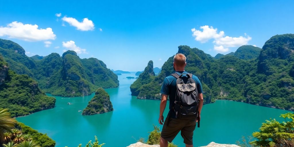 Hiker on cliff overlooking Krabi's limestone karsts.