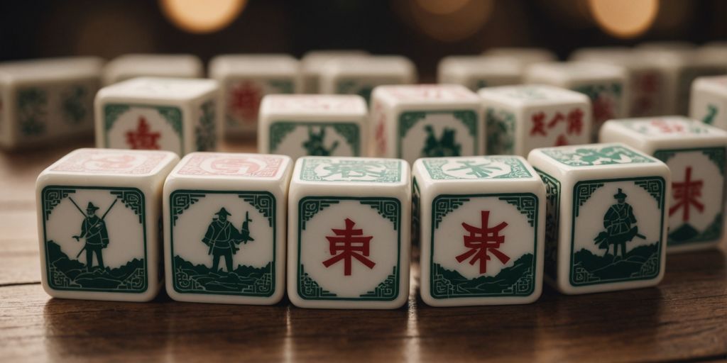 War-themed Mahjong tiles arranged on a wooden table.