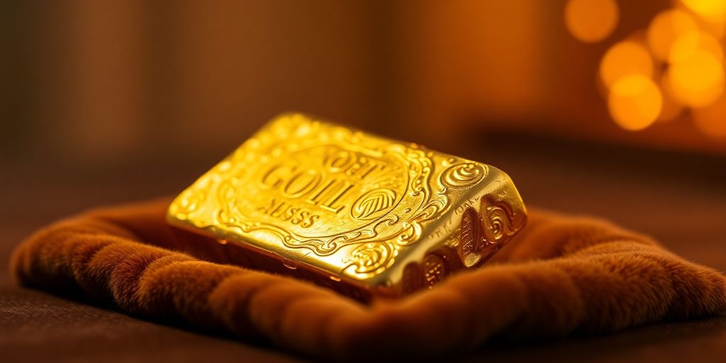Lingot d'or sur un tissu en velours.