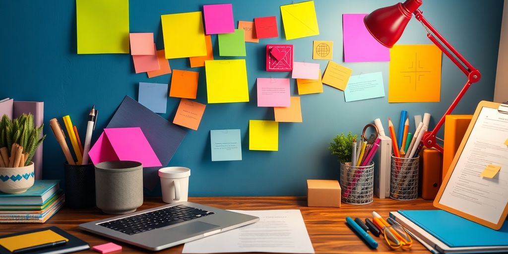 A creative workspace with a laptop and colorful notes.