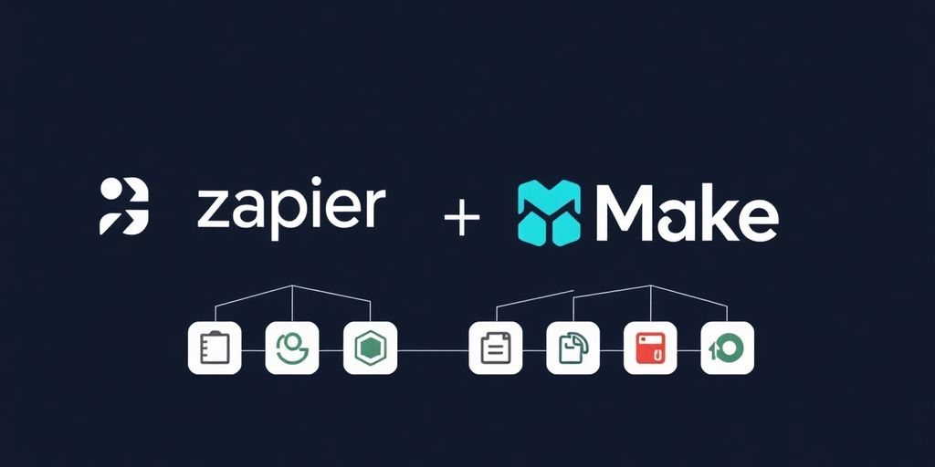 Zapier and Make logos side-by-side with connected workflow elements.