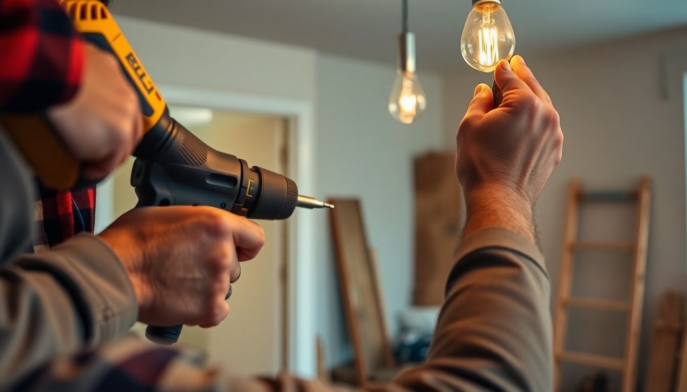 Electrician working on home renovation with tools.