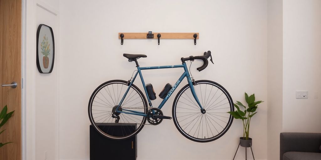 Bicycle wall clip holding a bike in a stylish room.