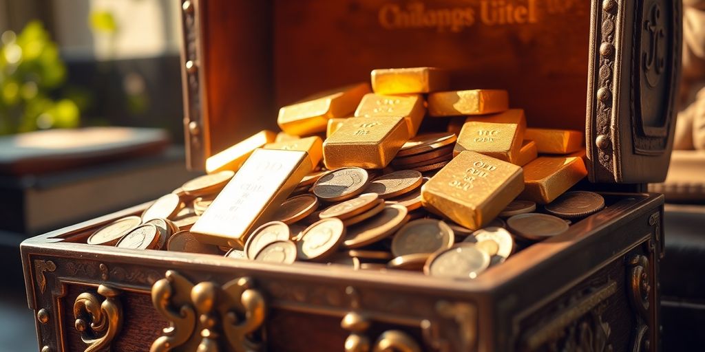 Lingots d'or et pièces anciennes dans un coffre.
